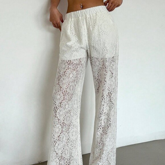 Casual Women's Lace See-Through Straight-Leg Pants - Picture 4 of 7